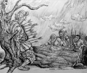 pencil illustration of Afonja's death in the hands of the Jamas