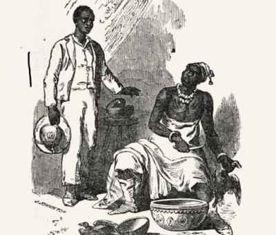 a drawing of Akitoye, Oba of Lagos with a missionary