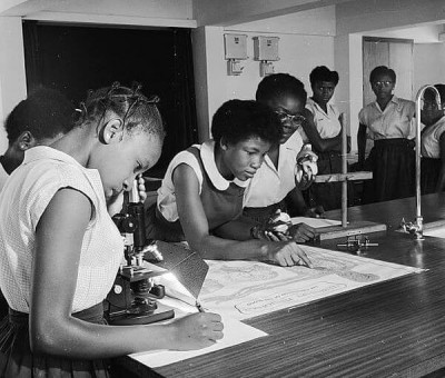 Students inside a Biology lab at Queen's College, Yaba