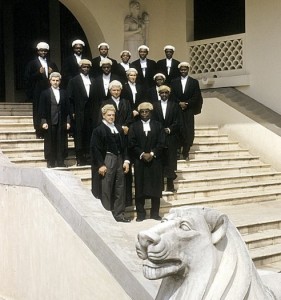 Senior staff of the Federal Legal Department on steps of the Law Courts building, Lagos, Nigeria.Photo by: Elisofon, Eliot 