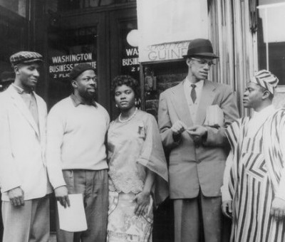Garveyist Malcolm X talking to Nigerian students and African American locals in Harlem, New Yorkm, New York in the 1960s