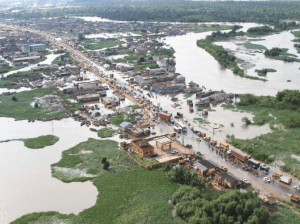 Flood in Ikorodu caused by the River Ogun is here captured in an aerial photograph.