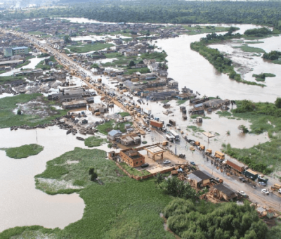 Flood in Ikorodu caused by the River Ogun is here captured in an aerial photograph.
