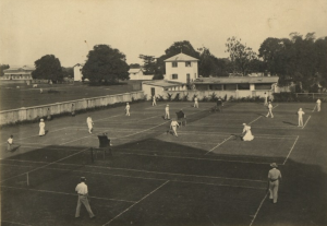 Colonialists on the tennis courts Government House in Lagos., ca.1910