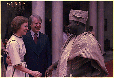 Obasanjo with American president, Jimmy Carter and Mrs. Carter exchanging pleasantries
