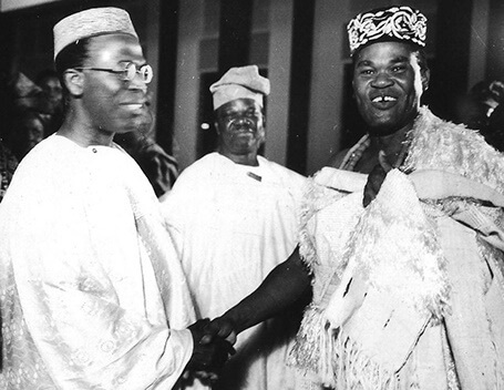 Ogunde being congratulated by South West most prominent politician, Awolowo after performance of "Yoruba Ronu" at Ibadan in 1966.