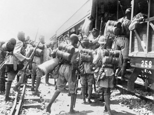 During the World War I: 1st Battalion, The Nigeria Regiment entrain at Kaduna for Lagos. 