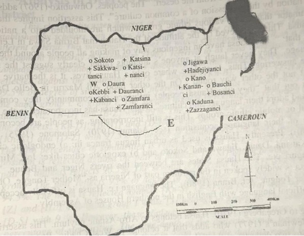 Hausa speaking states, + Hausa dialects, E = Eastern Hausa area W= western Hausa area.